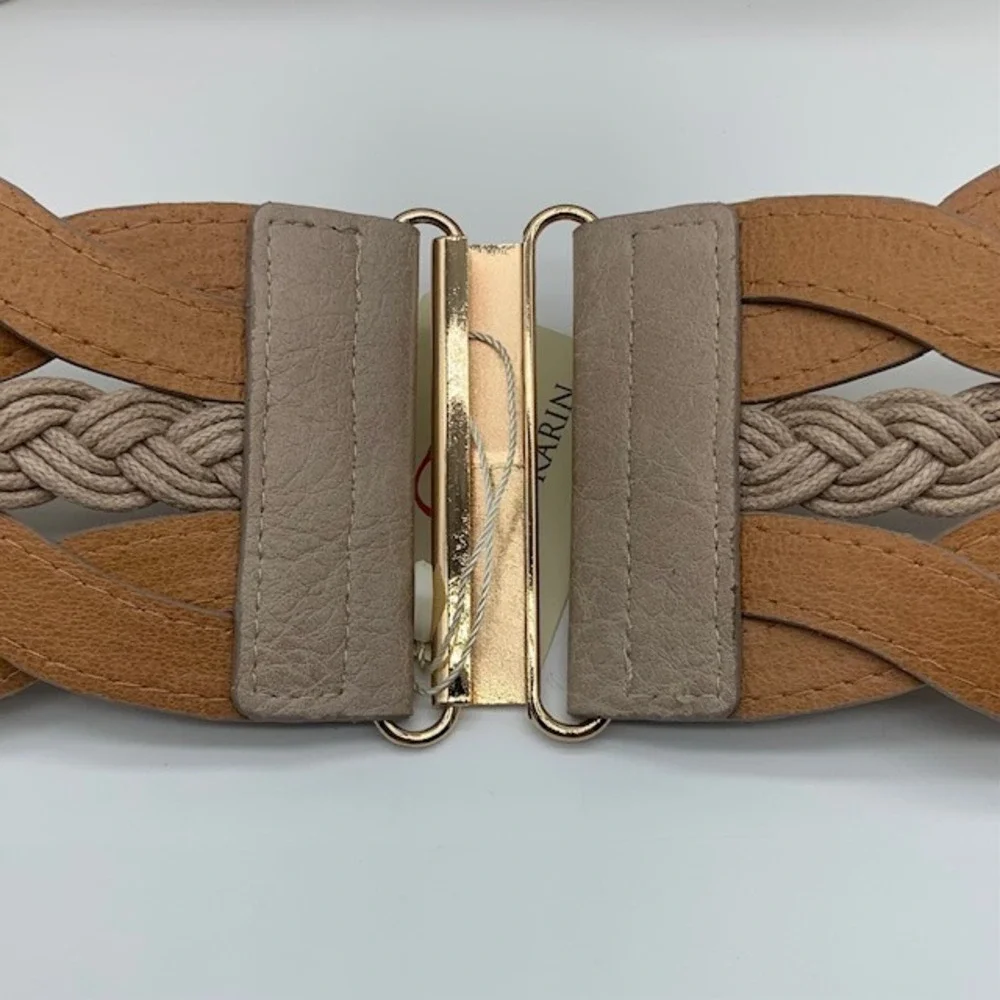 NWT Boho Coastal Wide Stretch Waist Belt 2XL Braided Woven Neutral Minimalist